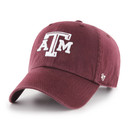Maroon ’47 Brand Texas A&M hat featuring a raised white ATM logo embroidered on the front, styled as a classic Aggies game day and everyday cap.