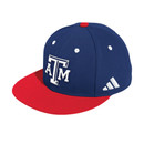adidas Texas A&M blue and red flat brim snapback hat with embroidered ATM logo on the front and adidas logo on the side.