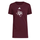 Adidas Texas A&M maroon short sleeve t shirt featuring white ATM logo on the front with adidas logo above.