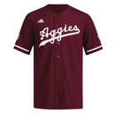 Adidas Texas A&M maroon baseball jersey with white Aggies script across the chest, white sleeve stripes, and adidas logo on the front.