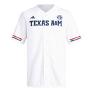 Adidas Texas A&M white baseball jersey with navy Texas A&M lettering across the chest, button front design with striped sleeve trim and athletic fit.