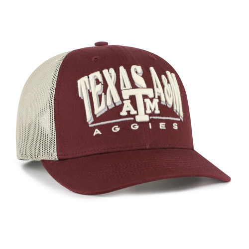 ‘47 Brand Texas A&M Aggies maroon and white trucker hat with mesh back and Texas A&M Aggies logo