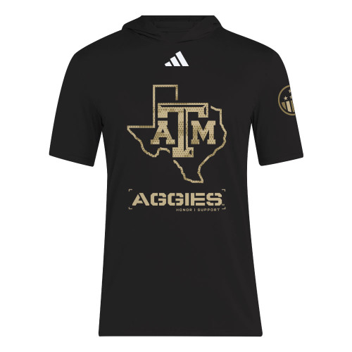 Adidas Texas A&M Aggies black polo shirt with ATM Texas outline and Aggies text
