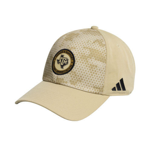 Adidas Texas A&M Aggies gold baseball cap with camo pattern and circular logo