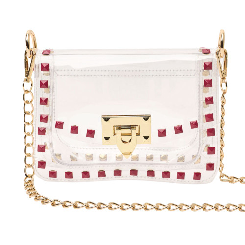 Clearly Handbags Maroon Stud Clear Bag with Gold-Plated Hardware and Chain