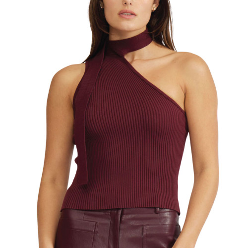 Uncommon Fashion Maroon Selah Asymmetrical Knit Top with Wrap-Around Mock Neck