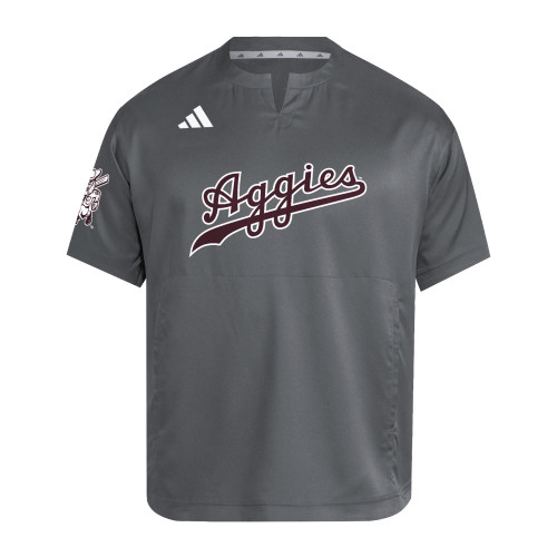 Adidas Texas A&M Aggies gray performance shirt with script Aggies graphic on front.