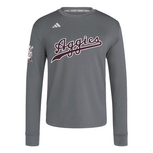 Adidas Texas A&M Aggies gray long sleeve performance shirt with script Aggies graphic.