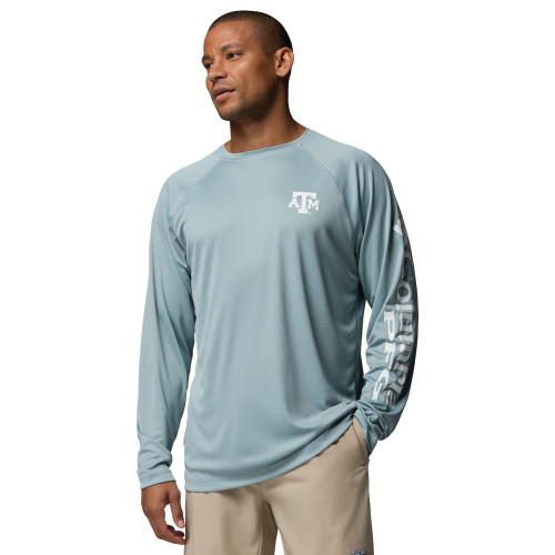 Columbia Texas A&M Aggies light blue long sleeve performance shirt with chest logo and sleeve graphic.