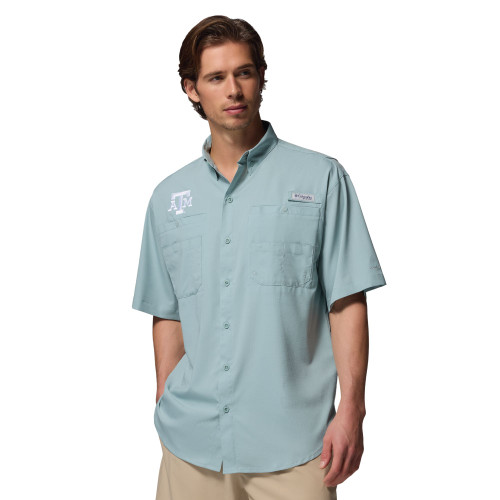Columbia Texas A&M Aggies light blue short sleeve button up shirt with chest logo.