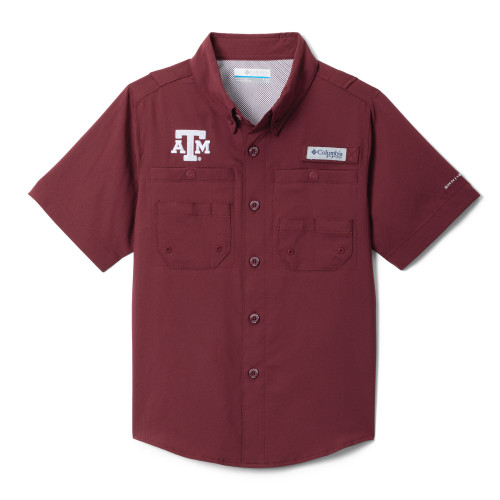 Columbia Texas A&M Aggies youth maroon short sleeve button up shirt with chest logo and pockets.