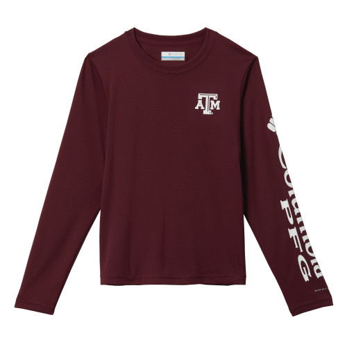Columbia Texas A&M Aggies maroon long sleeve performance shirt with chest logo and sleeve graphic.