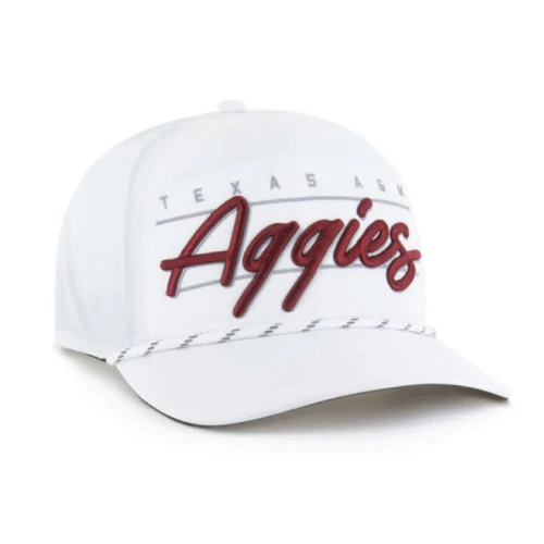 Texas A&M Aggies white cap with raised script Aggies lettering and rope detail on brim.
