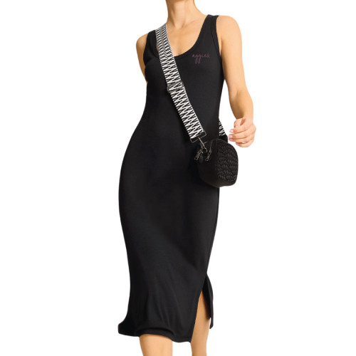 Tommy Bahama Texas A&M Aggies black sleeveless midi dress with chest logo and side slit.