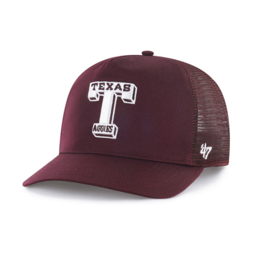 '47 Brand Texas A&M Aggies maroon trucker snapback hat with Texas T logo and mesh back