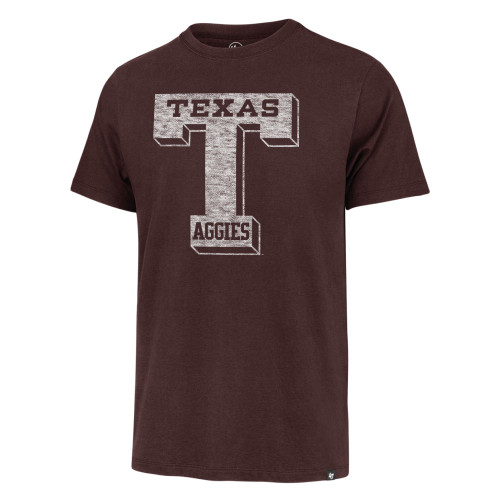 ’47 Brand Texas A&M Aggies brown t shirt with large T graphic and Texas Aggies text on front.