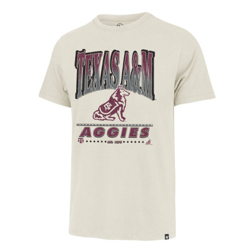’47 Brand Texas A&M Aggies cream t shirt with large Texas A&M text and Aggies graphic on front.