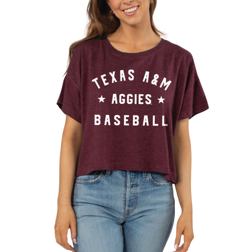 Chicka-D Texas A&M Aggies maroon cropped t shirt with Texas A&M Aggies Baseball text on front.