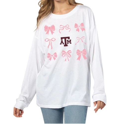 Chicka-D Texas A&M Aggies white long sleeve shirt with pink bow graphic square and center logo.