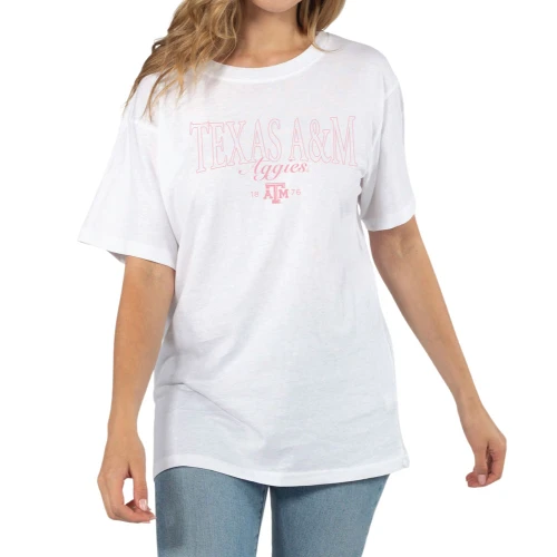 Chicka-D Texas A&M Aggies white t shirt with light pink Texas A&M Aggies script on front.