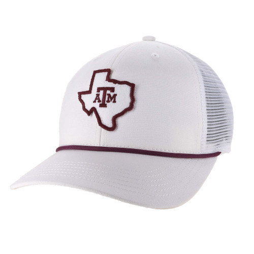 Legacy Texas A&M Aggies white trucker hat with maroon Texas state outline and ATM logo patch on the front.