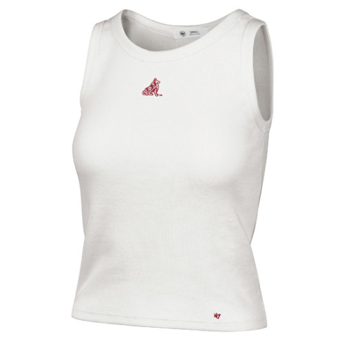 ’47 Brand Texas A&M Aggies white ribbed tank top featuring small embroidered Reveille graphic on the chest