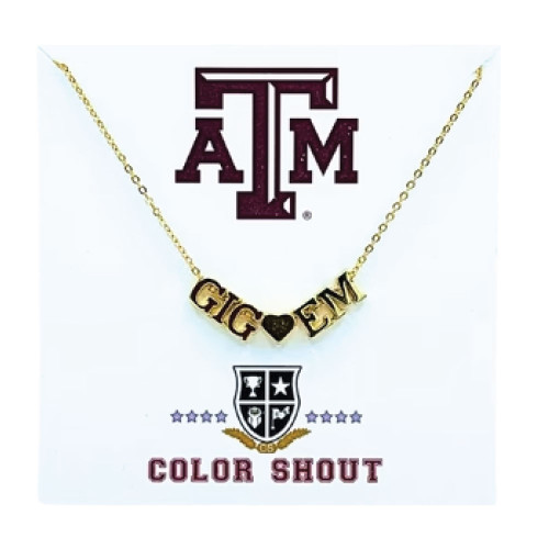 Color Shout Texas A&M Aggies gold necklace with Gig Em lettering charm