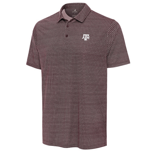 Antigua Texas A&M Aggies maroon patterned polo shirt featuring subtle geometric print and embroidered Texas A&M logo on the chest