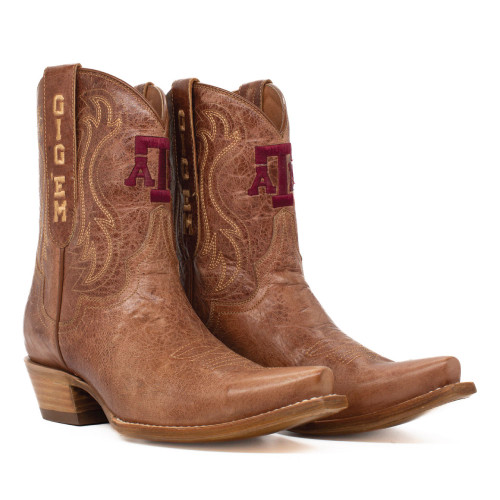 Gameday Boots Texas A&M Aggies brown western boots with ATM logo and Gig Em embroidery