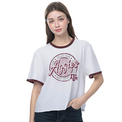 ZooZatz Texas A&M Aggies white ringer t shirt with maroon trim and circular Aggies graphic