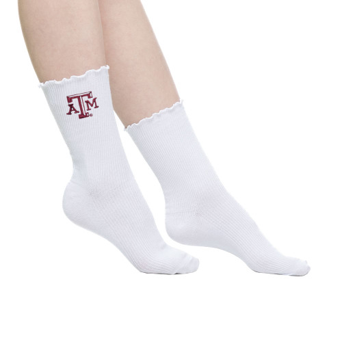 ZooZatz Texas A&M Aggies white socks with maroon logo and ruffle trim