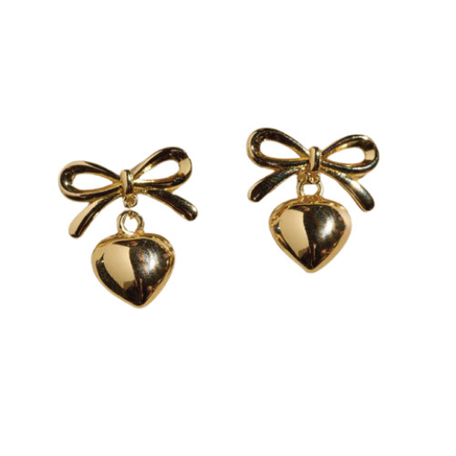 Nickel & Suede Gold Bow & Heart Drop Earrings