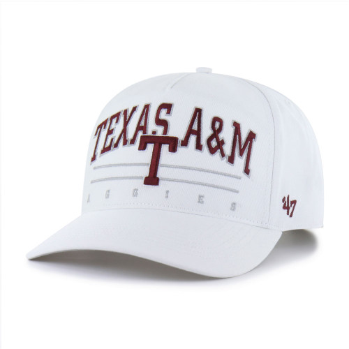 ’47 Brand Texas A&M Aggies white cap with embroidered Texas A&M lettering and curved brim