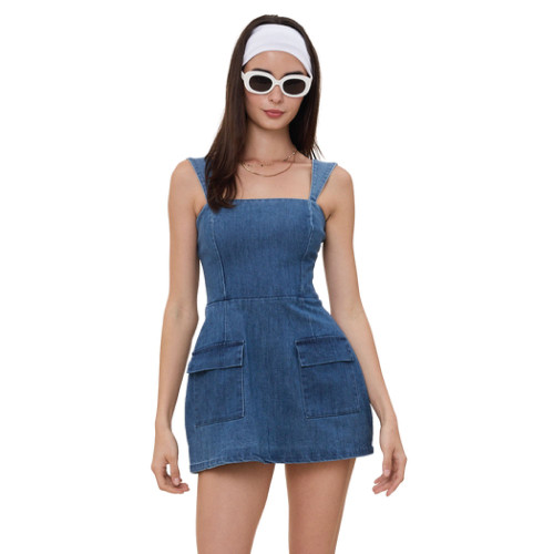 Sky to Moon denim mini dress with wide straps and front pocket detail