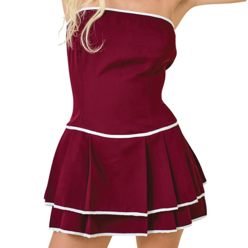 Day + Moon maroon strapless mini dress with white trim and tiered skirt
