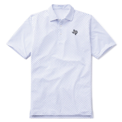 B. Draddy Texas A&M Aggies white and light blue patterned polo shirt with chest logo.