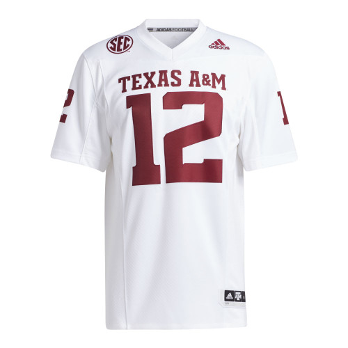 Adidas Texas A&M Aggies white jersey with number 12, Texas A&M text, and SEC patch.