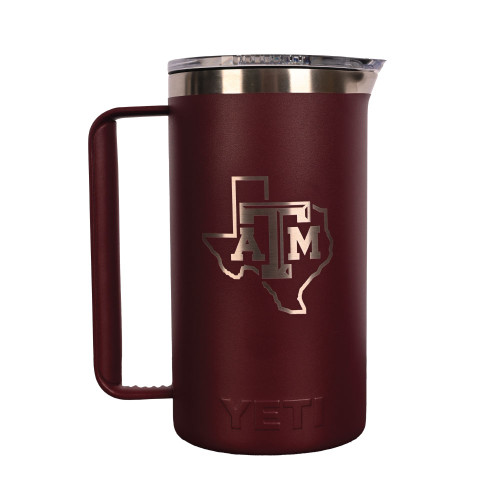 YETI Texas A&M Aggies 34 oz maroon mug with handle and engraved Texas state logo.