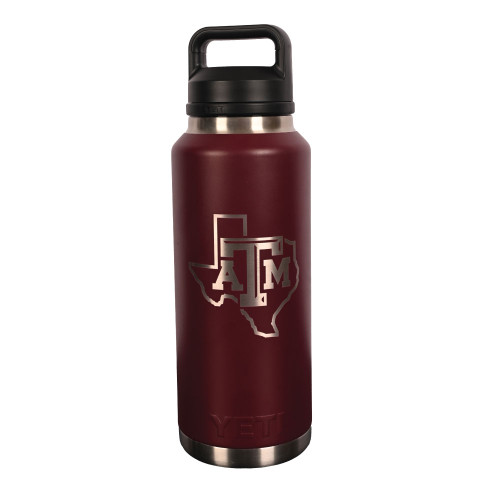 YETI Texas A&M Aggies 46 oz maroon bottle with handle lid and engraved Texas state logo.