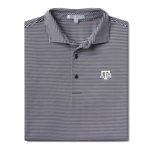 Fairway & Greene Texas A&M Aggies striped polo shirt featuring a subtle horizontal stripe pattern in grey with an embroidered Texas A&M logo on the chest