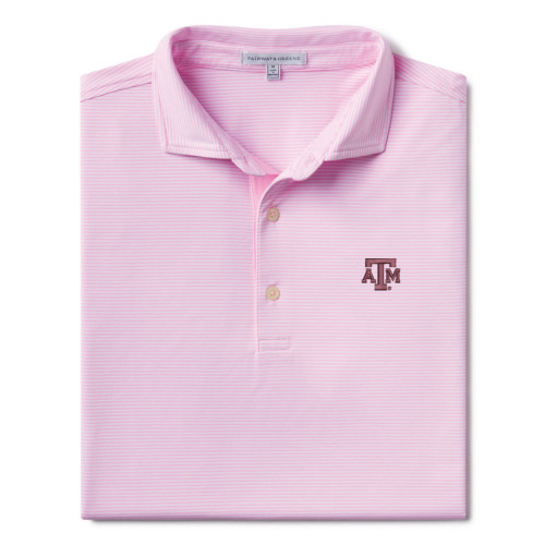 Fairway & Greene Texas A&M Aggies pink striped polo shirt with subtle horizontal stripes and an embroidered Texas A&M logo on the chest