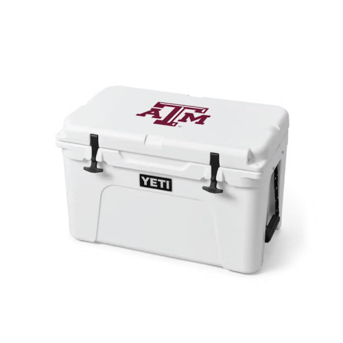 YETI Texas A&M Aggies white hard cooler with secure latches and Texas A&M logo on the lid