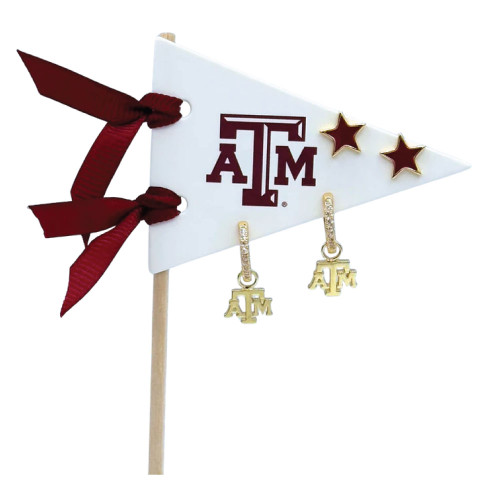 Color Shout Texas A&M Aggies gold logo and star earring set displayed on a mini pennant flag with maroon ribbon detail
