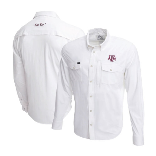 Snaps Clothing Co. Texas A&M Aggies white long sleeve button down shirt with chest pockets and embroidered Texas A&M logo on the front and back
