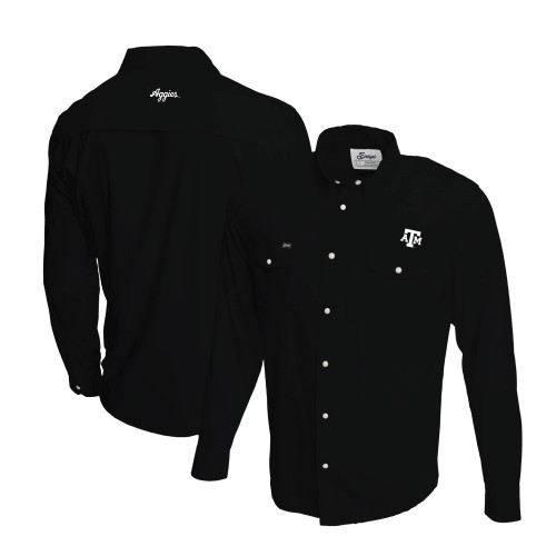 Snaps Clothing Co. Texas A&M Aggies black long sleeve button down shirt with chest pockets and embroidered Texas A&M logo on the front and Aggies text on the back