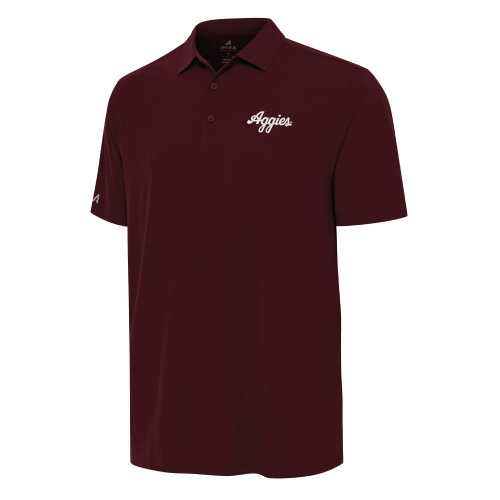 Antigua Texas A&M Aggies maroon polo shirt featuring clean Aggies script embroidered on the chest