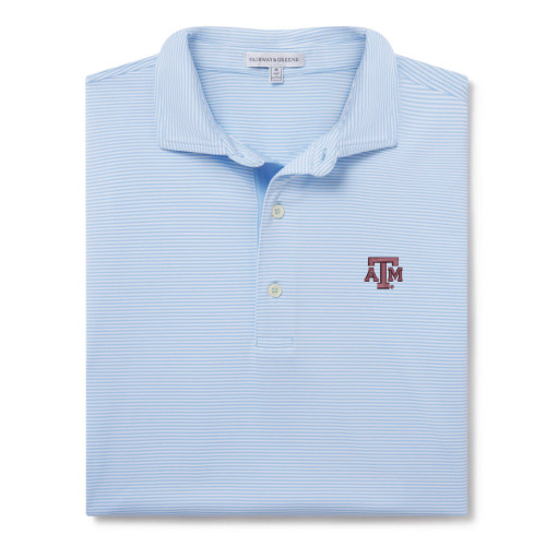 Fairway & Greene Texas A&M Aggies light blue striped polo shirt featuring subtle horizontal stripes and an embroidered Texas A&M logo on the chest