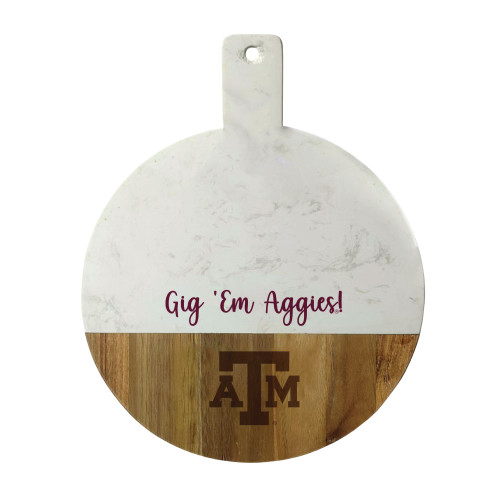 Valiant Gifts Texas A&M Aggies round marble and wood cutting board featuring “Gig ’Em Aggies” text and Texas A&M logo