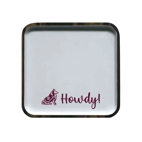 Valiant Gifts Texas A&M Aggies square enamel tray featuring “Howdy!” text with Reveille graphic in maroon