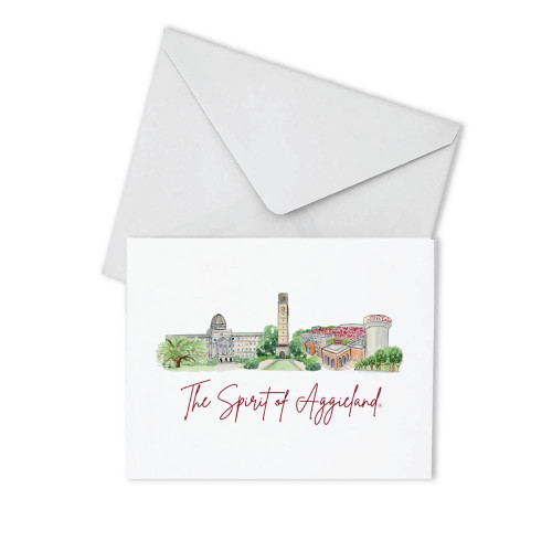 Valiant Gifts Texas A&M Aggies greeting card featuring illustrated campus landmarks with “The Spirit of Aggieland” text